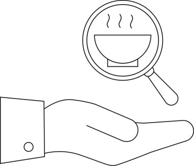 Bir el yemek kabının üzerine büyüteç tutarak yiyecek denetimini ya da yiyecek arayışını sembolize eder..