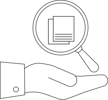 Evrakların üzerine büyüteç tutarak araştırma, analiz ya da soruşturmayı sembolize eden minimalist bir sanat çizgisi çizimi..