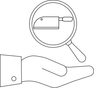 Bir el, satıra odaklanan bir büyüteç tutarak yemek pişirme araçları ve mutfak araştırmalarını sembolize eder..