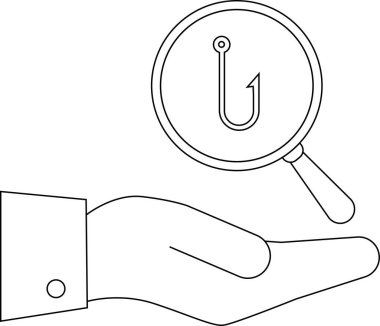 İçinde balık oltası olan büyüteç tutan bir el çizgisi çizimi, soruşturmayı ya da cazibeyi simgeliyor..