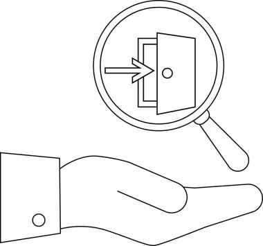 Kapı üzerinde okla el ele tutuşan büyüteç, giriş kontrolünü, güvenliği ve giriş yönetimini simgeliyor..