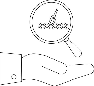 Suyun içinde yüzen bir şişedeki mesajın üzerinde büyüteç tutan bir elin çizgi çizimi..
