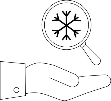 Bir el, soğuk hava fenomeninin analizini, araştırmasını ya da gözlemlenmesini sembolize eden bir kar tanesinin üzerinde büyüteç tutar..
