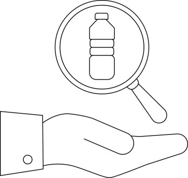 Bir el plastik bir şişenin üzerinde bir büyüteç tutar, basit bir taslak şeklinde tasvir edilir, incelemeyi veya analizi sembolize eder..