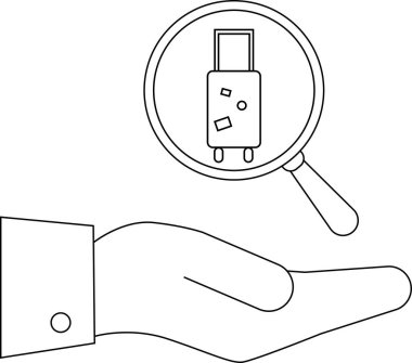 Bir el, bavulun üzerinde bir büyüteç tutar. Seyahat aramasını, planlamayı ya da kayıp bavulu bulmayı sembolize eder. Çizgi çizimi.