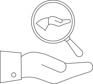 Bir el büyüteç tutuyor, fırsatları sembolize ediyor, taslak biçiminde vektör çizimi yapıyor. İş kavramı, çözüm bulma, kariyer büyümesi.