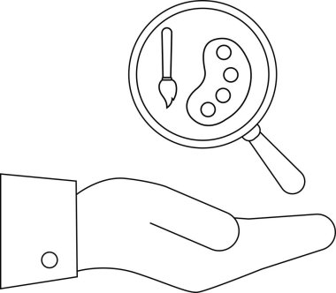 Bir el, sanat malzemelerini gösteren bir büyüteç sunar, yaratıcılığı ve sanatsal keşfi simgeleyen basit bir çizginin sanat resimlerini sunar..