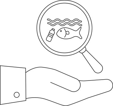 Su kirliliğini bir balık ve plastik şişeyle gösteren bir büyüteç tutan bir elin tasviri, çevresel kaygıları ve koruma çabalarını vurguluyor.