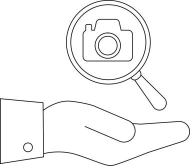 Bir el, içinde kamera ikonu olan bir büyüteç tutarak fotoğraf, fotoğrafçı ya da kamera ekipmanlarını aramayı sembolize eder. Çizgi sanatı, minimalist tasarım.