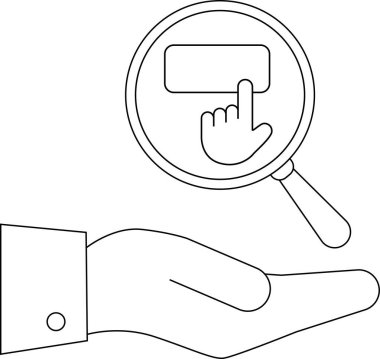 Bir el, bir düğmeyi işaret eden bir parmağa odaklanan bir büyüteç tutar, arama ya da seçimi simgeler..