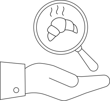 Bir el, kruvasanın üzerine büyüteç tutarak gıda teftişini ya da kalite kontrolünü sembolize eder. Çizgi çizimi.