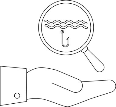 Bir el, dalgalı çizgilerin altındaki oltayı gösteren bir büyüteç tutuyor. Basit bir sanat tarzında sahteciliği ya da çevrimiçi dolandırıcılığı simgeliyor..