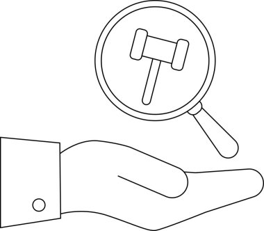 İçinde tokmak olan bir büyüteç tutan el tasviri hukuk, adalet ve hukuk hizmetlerini temsil ediyor..