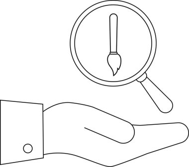 Bir el, bir boya fırçasını ortaya çıkaran, yaratıcı keşfi, sanatsal keşfi ve sanatta ilham arayışını sembolize eden bir büyüteç sunar..