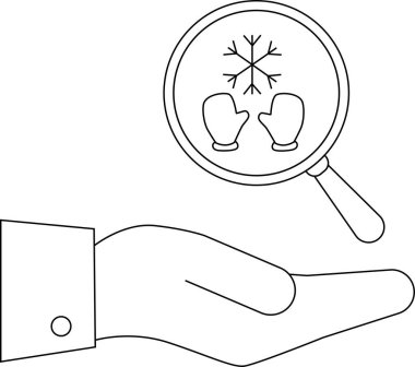 Bir el kış elementlerini gösteren bir büyüteç sunar. Kış araştırmalarını, analizleri ya da kışla ilgili konulara odaklanmayı sembolize eder..