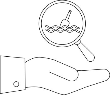 Bir el, şişeyi suyun içinde yüzen şişenin üzerinde tutar, keşfi simgeler, ya da şişe konseptinde bir mesajı..