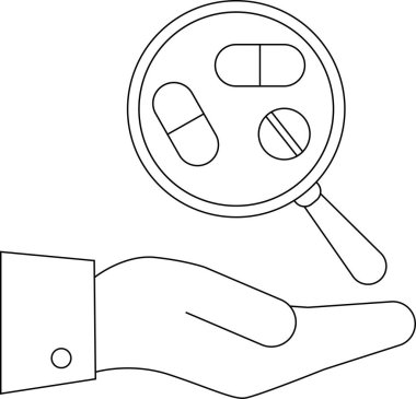 Bir el, ilaç analizini, ilaç araştırmasını ya da basit bir sanat tarzında sağlık muayenesini sembolize eden büyüteç altında haplar sunar..