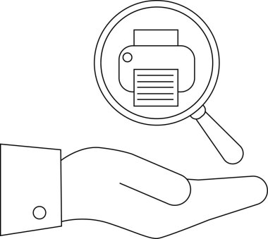 Yazıcı araması, bakım ve onarım hizmetlerini sembolize eden, bir yazıcının üzerinde büyüteç tutan bir elin resmi.