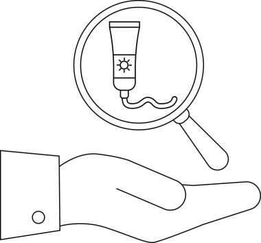 Bir el, güneş kremine odaklanmış bir büyüteç tutuyor. Cilt analizini ve güneşten korunmayı gösteriyor..