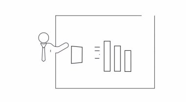 Bir sunucu, azalan satışları gösteren bir grafiğin önünde duruyor ve yanında olumsuz geri bildirim ve iş dünyasının zorluklarını temsil eden bir işaret var..