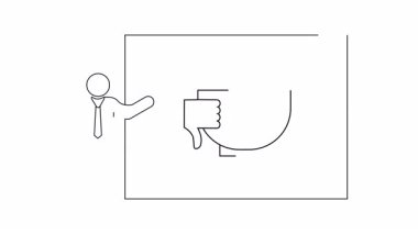 Bir iş adamı, bir fincan kahveyi reddettiğini gösteren bir slayt sunar, olumsuz geri bildirim ya da onaylamamayı gösterir..