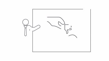 Bir kişinin geri bildirim ve eleştiriyi açıklayan bir sunum, başparmaklar aşağı ve bir tahtadaki el simgeleri ile görsel olarak temsil edilir.