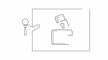 Bir sunucunun üzerinde kilit bulunan bir cüzdanı gösteren basit bir çizgi çizimi mali güvenliği ve korumayı simgeliyor..