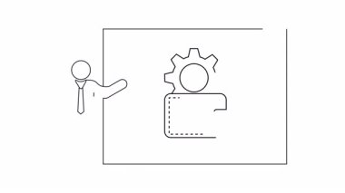 Finansal teknolojiyi sembolize eden bir cüzdan ve vites simgesi içeren bir sunum slaytı. Bir eğitmen, fintech veya iş sunumları için ideal kavramı açıklamakta..