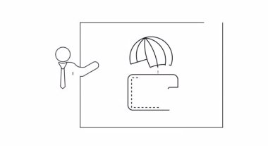 Küresel finansı simgeleyen bir cüzdanın üzerindeki küreyi gösteren bir sunum slaytı. Slaytın yanında duran bir sunucu, bir iş stratejisi belirtiyor..
