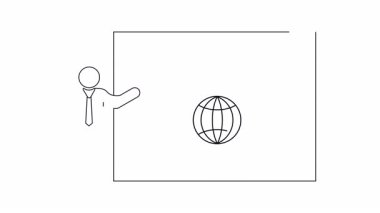 Takım elbiseli bir adam, sunum ortamında uluslararası iş ve küresel kavramları sembolize eden bir etiket sunar..