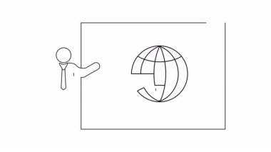 Daha iyi bir gelecek için temiz ve sürdürülebilir enerji kaynaklarına odaklanan küresel enerji çözümleri üzerine bir sunum. Bir sunucu ve bir fişe bağlı bir dünya küresinin özet çizimi.