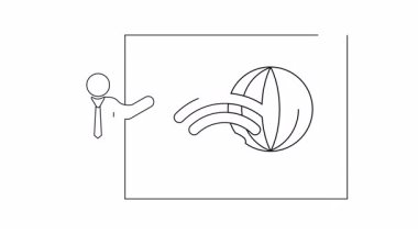 Küresel bağlantıyı tartışan bir sunucuyu gösteren basit bir taslak, ekranda bir dünya ve kablosuz internet sembolü yer alıyor. Teknoloji ve iş konuları için ideal.