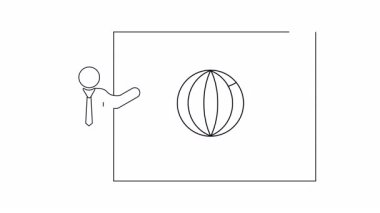 Takım elbiseli bir adam küresel güvenlik kavramını sunuyor, ekranda bir kalkan içinde bir dünya tarafından sembolize ediliyor, korunma ve uluslararası güvenliği vurguluyor..