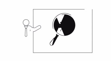 Basit bir çizgi sanat animasyonu sunucunun büyüteç altında altın çubukları gösteren bir ekranı göstermesini gösterir, yatırım veya finans temaları için idealdir.