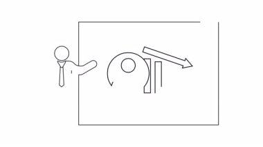 Bir iş sunumunun basit bir çizgi çizimi azalan bir grafiği ve takım elbiseli bir kişi simgesini gösterir..