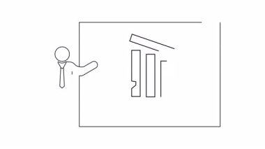 Müzik satışlarındaki düşüşü gösteren bir sunum, düşen bir grafik ve bir müzik notası ikonu tarafından temsil ediliyor. Bir sunucu verileri işaret ediyor.