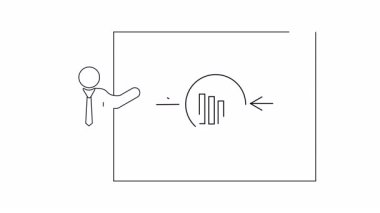 Satışların azaldığını gösteren bir grafiğe işaret eden basit bir sunucu çizimi. İş sunumları ve mali raporlar için mükemmel.