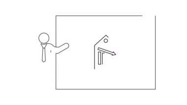 Bilgileri panoda sunan bir iş adamıyla fiyat düşüşünü gösteren bir sunum. Piyasa analizi ve iş stratejisi kilit noktadır.