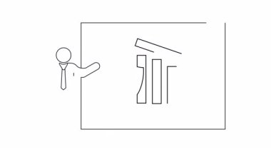 Satışların azalmasına karşı bir strateji sunan kişiyi gösteren bir sunum, bir kalkan ve eğilim grafiği ile görselleştirilmiştir.