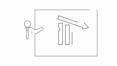 Düşen çubuk grafiğinin yanında bir iş stratejisini gösteren bir sunum, stratejik bir düşüş veya zorluk göstermektedir.
