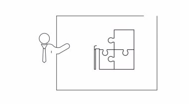 Bir iş sunumunun basit bir çizgi çizimi bir büyüme grafiği ve bulmaca parçalarını gösteriyor, stratejiyi ve başarıyı simgeliyor.