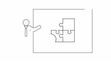 Tahtada yapboz parçaları sunan bir kişinin sunumunun basit bir çizimi. İş ve takım çalışması kavramları için ideal.