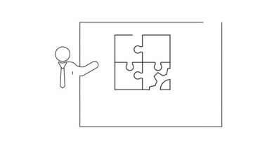 Yapboz parçaları ve teçhizatlı bir iş sunumunun basit bir tasviri, stratejiyi ve problem çözmeyi sembolize ediyor..