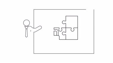 Yapboz parçaları ve asma kilidi gösteren bir ekranın yanında duran sunucunun basit bir çizgi çizimi, veri güvenliğini ve problem çözmeyi simgeliyor.