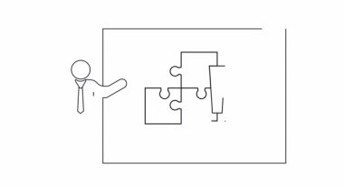 Bir sorun çözmek için bir araya gelen yapboz parçalarını gösteren bir sunum, beyaz tahtadaki bir ünlem işaretiyle gösterilir.