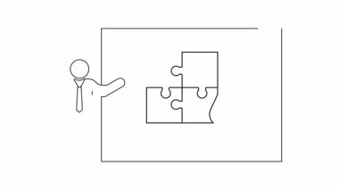 Bir sunucu, bulmaca parçalarını ve su damlasını gösteren bir ekranın yanında duruyor, problem çözme ve çözümleri simgeliyor..