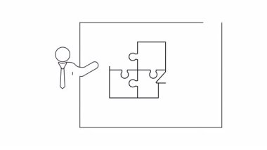 Yapboz parçaları ve ev ikonu olan bir tahtanın yanında duran sunucunun basit bir çizimi, emlak stratejisi ve çözümleri temsil ediyor..