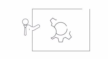 Bir sunucunun bomba ve vites simgesini gösteren basit bir çizgi çizimi risk yönetimi ve stratejik planlamayı sembolize ediyor..