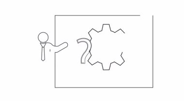 Dişli ve soru işareti olan bir tahtaya işaret eden, problem çözme ve karmaşık sistemleri anlamayı temsil eden bir kişinin yer aldığı kavramsal bir sunum.