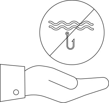 Bir el, bölgede balık avlanmasına izin verilmemesi için bir sembol sunuyor. Çemberin içine kanca ve dalgalar çizilmiş..